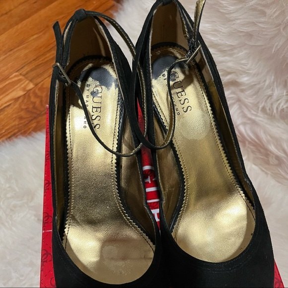 Guess by Marciano Black Suede G-Rice Platform Peep Toe Wedge Sandals Size 8 - Picture 4 of 7